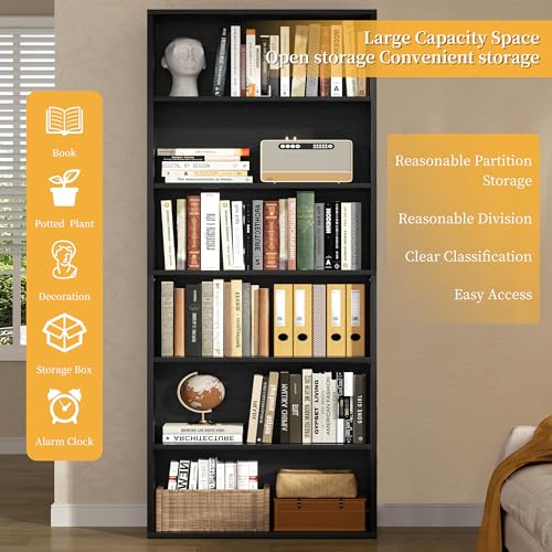 Shintenchi Bookshelf,6-Tier Open Bookcase and Bookshelves,6 Shelf Display Storage Shelves Floor Standing 70.6 inches Tall Bookcase for Home Office, Living Room (Black) - color: Black
