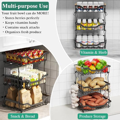 OKZEST 3-Tier Fruit Basket Fits Under Standard Upper Cabinet, 17.2" Tall | 2-In-1 Wall Mount & Countertop. Stackable Kitchen Organizer with Banana Hanger, Hold Potato, Onion, Bread, Snack, Can, Veggie - size: 3-Tier
