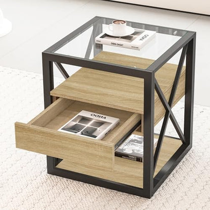 Bellemave 1 piece Small End Table with Drawer, Nightstand for Bedroom & Living Room, Wood MDF &Tempered Glass, Metal Frame, Industrial Style Side Table,Easy Assemble, Natural - style: with drawer