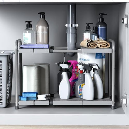 Simple Houseware Under Sink 2-Tier Heavy Duty Expandable Organizer, Silver | Adjustable Width 15.75–25 Inches with 4 Shelf Height Levels - color: Silver