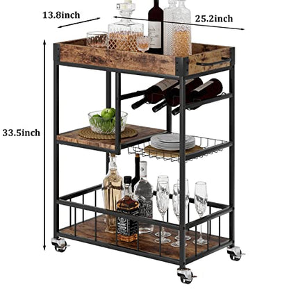Bar Cart with Basket 3 Tiers Home Rolling Wine Rack with Wheels Mobile Kitchen Industrial Vintage Style Wood Metal Serving Trolley Serving Cart,Glass Holder Bar Cabinet - size: Rustic Brown, style: With Basket