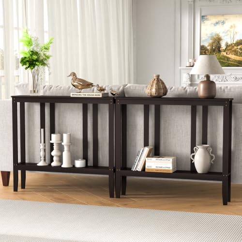 ELYKEN Bamboo 2-Tier Narrow Console Table, 36.2" Long Slim Hallway Table | Sofa Table Behind Couch with Storage Shelf for Entryway, Living Room, Foyer - color: Brown