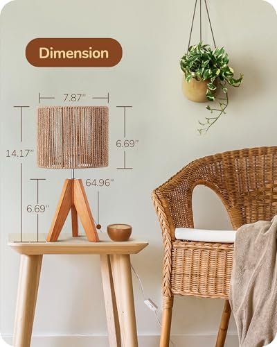 EDISHINE Small Rattan Table Lamp, Wood Tripod Bedside Lamp, Boho Nightstand Lamp for Living Room, End Table, Office, E26 Base, Natural Style - color: Rosewood Color&Vertical Stripe Shade