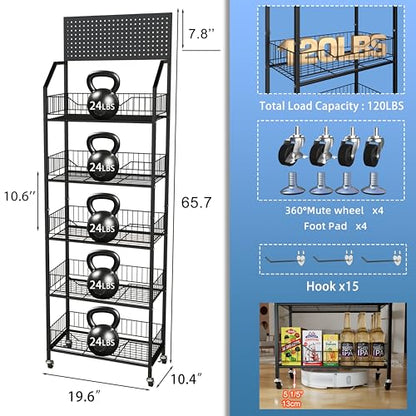5 Tier Retail Storage Rack, Snack Rack Display Stand, Retail Display Organizer Shelves with Hooks & Wheels, Metal Snack Shelf for Store Home Kitchen, Black Chip Rack Display Stand (5 Tier) - size: 5 Tier（19.7inch）