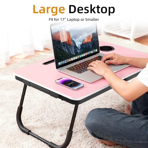BUYIFY 23.4" Foldable Lap Desk Bed Table with Cup Holder Portable Tray | Folds Flat for Easy Storage, No Assembly Laptop Bed Desk, Sturdy and Lightweight, Patent Design, RosePink - color: Rose Pink
