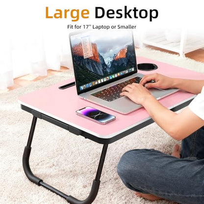 BUYIFY 23.4" Foldable Lap Desk Bed Table with Cup Holder Portable Tray | Folds Flat for Easy Storage, No Assembly Laptop Bed Desk, Sturdy and Lightweight, Patent Design, RosePink - color: Rose Pink
