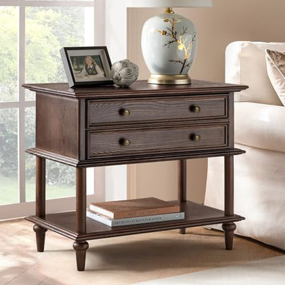 HULALA HOME Farmhouse Nightstand with Drawer & Open Shelf, Natural Wood End Table with Solid Wood Legs, 28.4'' Wide Sofa Side Table with Charging Station(Walnut) - color: Walnut