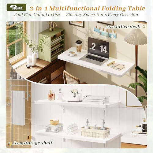 Dogsky 36" x 14" Floating Wall Desk, Fold Down Wall Table - 200 lbs Heavy Duty Solid Pine Wall Mount Folding Desk for Home Office, Laundry Room, Kitchen & Small Apartment, White - color: White, size: 36'' x 13.7'' x 6.3''