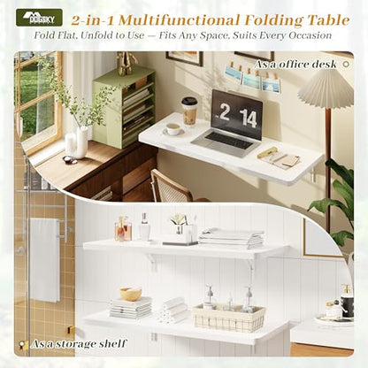 Dogsky 36" x 14" Floating Wall Desk, Fold Down Wall Table - 200 lbs Heavy Duty Solid Pine Wall Mount Folding Desk for Home Office, Laundry Room, Kitchen & Small Apartment, White - color: White, size: 36'' x 13.7'' x 6.3''