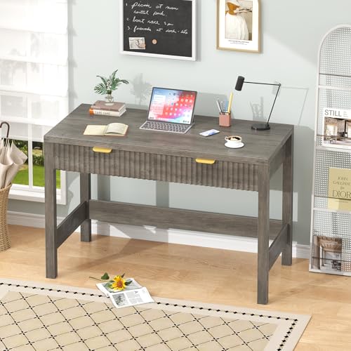 YOMILUVE Fluted Computer Desk with 2 Drawers, 39 Inch Small Computer Desk with Storage, Compact Writing Study Desk for Small Spaces, Gray - color: Grey