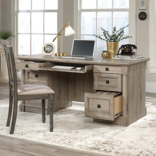 Sauder Palladia Office Desk with Drawers, Executive Desk with File Cabinet Storage, Cable Management, Keyboard Tray, in Split Oak Finish - color: Split Oak