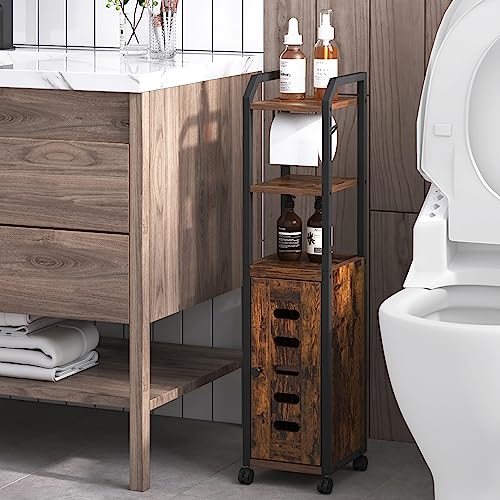 Hzuaneri Bathroom Storage Cabinet, Toilet Paper Storage Cabinet | Small Toilet Paper Holder with 4 Wheels, Bathroom Organizer with Adjustable Shelf, for Small Spaces, Rustic Brown BC04601X - color: Rustic Brown