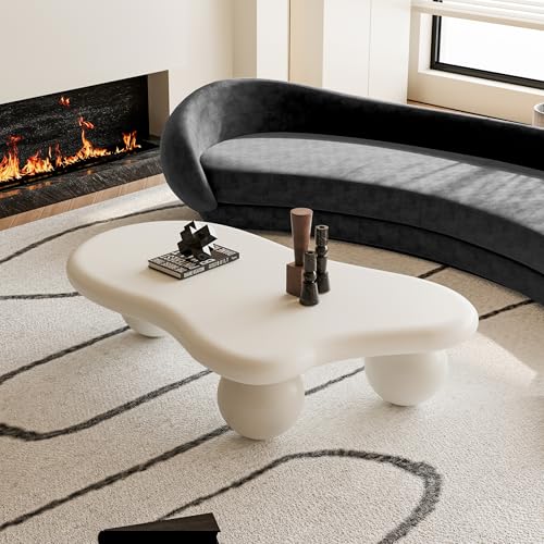 47.2” Cloud Coffee Table with 3 Ball Legs, Modern Irregular Center Table for Living Room, Low Cute Small MDF Tea Table for Bedroom, Space Apartment Cream White - color: Cloud-47" White