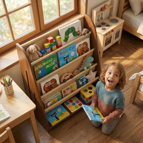 Perugina Wood Kids Bookshelf 5Tier(WalnutPattern) | DutchDesign Montessori Nursery Toddler Baby Book Shelf kidsroom - color: Redwalnutwood Grainpattern