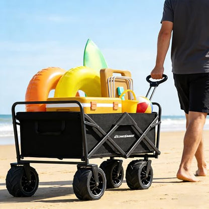 EchoSmile Heavy Duty 350 Lbs Capacity Collapsible Wagon, Outdoor Folding Camping Grocery Portable Utility Cart, Adjustable Rolling Carts, All Terrain Beach Wagon with Big Wheels (Black-Arrow) - color: Black-arrow