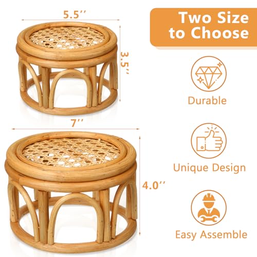 Wenqik 4 Pcs Boho Rattan Plant Stand Woven Wicker Round Riser Stand Indoor Rustic Farmhouse Natural Circle Plant Pedestal Round Accent Centerpiece for Home Kitchen Office Display, 2 Size