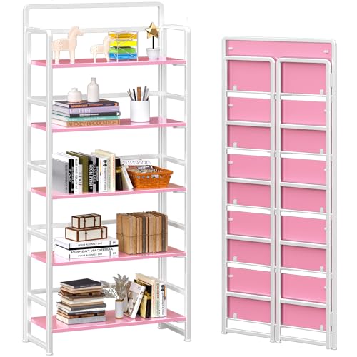 4NM No Assembly 5 Tiers Folding Bookshelf Storage Shelves Vintage Bookcase Standing Racks Study Organizer Home Office (Pink White) - color: Pink White, size: Standard 5 Tiers