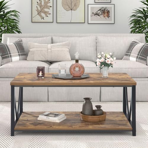 EXCEFUR Modern Coffee Table, Industrial Metal and Wood Living Room Table with Storage Shelf, Rustic Brown - color: Rustic Brown, size: 39 inch