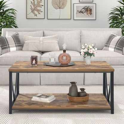 EXCEFUR Modern Coffee Table, Industrial Metal and Wood Living Room Table with Storage Shelf, Rustic Brown - color: Rustic Brown, size: 39 inch