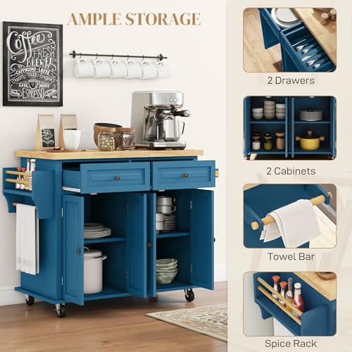 HOMCOM Kitchen Island Cart with Solid Wood Top, 44" Mobile Kitchen Island Table on Wheels with Storage Cabinets, 2 Drawers, Adjustable Shelves, Spice Rack & Towel Bar for Dining Room, Turquoise - color: Turquoise