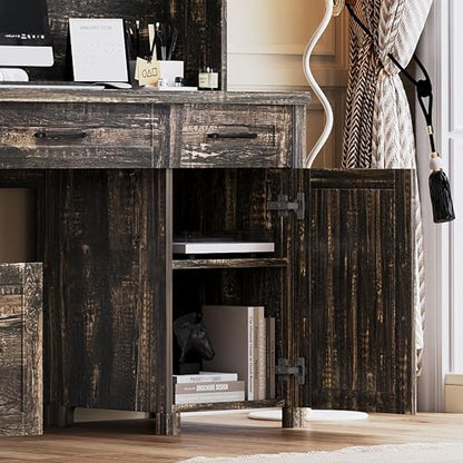 61" Farmhouse Executive Desk with Hutch & Charging Station, Wooden Computer Desk with 2 Sliding Barn Doors, 5 Drawers & Storage Cabinet with Adjustable Shelf for Home Office, Bedroom (Rustic Gray-01) - color: Rustic Gray-01