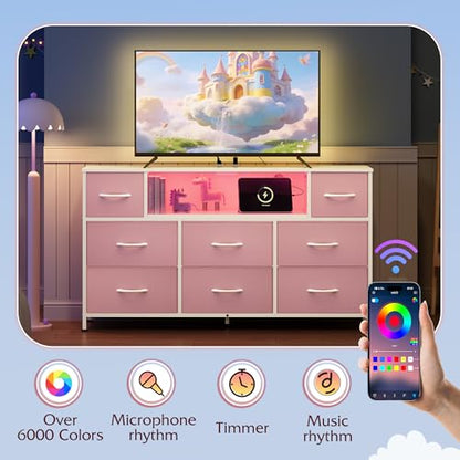 WLIVE Dresser TV Stand for 45, 50, 55 inch TV, Entertainment Center with LED Lights & Charging Station, Chest of Drawers with 8 Fabric Drawers and Open Shelves for Living Room, Hallway, A-Pink - color: A-pink