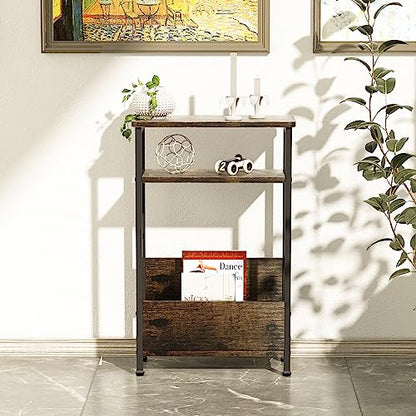 THUMEYE 7.1" Narrow Side Table for Small Spaces, 3 Tier Small End Table with Magazine Holder, Slim/Skinny Nightstand/Bedside Table for Living Room, Bedroom, 15.4" L x 24.2" H - color: Rustic Brown