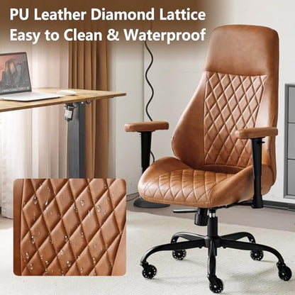 YFO Home Office Desk Chair High Back Office Rubber Casters Ergonomic Computer Chair with Lumbar Support Adjustable Height Rolling Swivel Chair Executive Task Armrests， Brown Leather - color: Brown, size: High Back