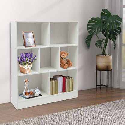 7 Cube Bookshelf Modern Display Cabinet, Horizontal Open Shelf Low Bookcase with 7Compartments, Free-Standing Wooden Bookcase with Back Panel for Study, Bedroom, Living Room (Warm White) - color: Warm White