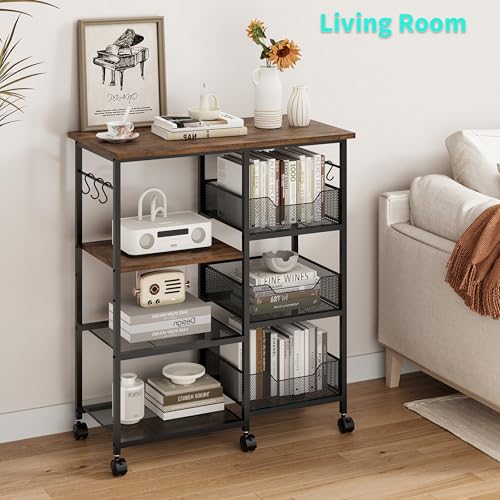 HapiRm Rolling Kitchen Carts with Storage - Microwave Table Stand with 6 Hooks & 3 Baskets, kitchen Island Cart on Lockable Wheels, 28.3" L × 14.6" W Bakers Rack Cart for Dining Room Coffee Bar Office - color: Brown