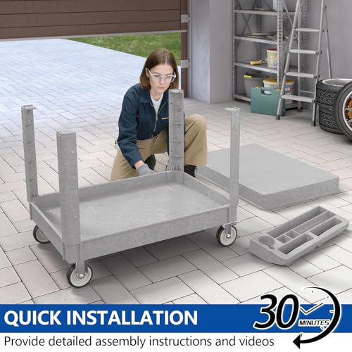 Large Garage Flat Top Utility Cart, Heavy Duty 2 Shelf Tool Cart Service Cart Rolling Push Carts with Ergonomic Handle 5" Swivel Casters. - color: Gray, size: 46 x 25 Inch