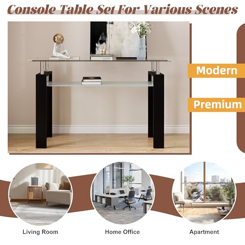 47" 2-Tier Console Table with Tempered Glass Top and MDF Frame, Modern Black Rectangular Glass Entryway Table for Living Room, Apartment, Office, Easy to Assemble - color: Black, size: Console Table