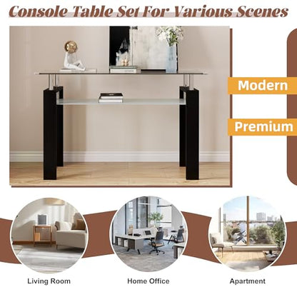47" 2-Tier Console Table with Tempered Glass Top and MDF Frame, Modern Black Rectangular Glass Entryway Table for Living Room, Apartment, Office, Easy to Assemble - color: Black, size: Console Table