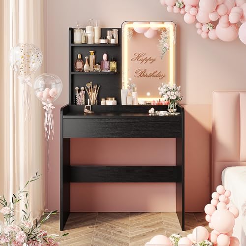 Memobarco Small Vanity Desk with Mirror and Lights, Makeup Vanity with Drawer & Storage Shelves, Vanity Desk with 3 Lighting Modes & Adjustable Brightness, Dressing Table for Women Girls, Black - color: Black