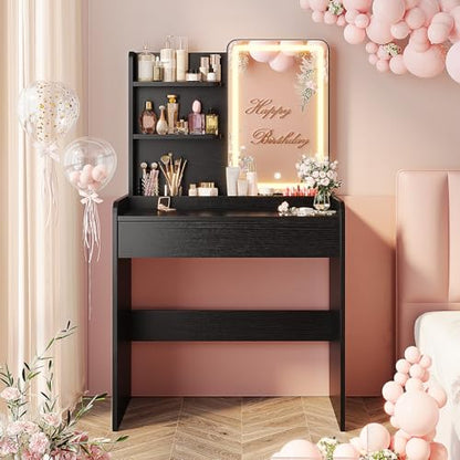 Memobarco Small Vanity Desk with Mirror and Lights, Makeup Vanity with Drawer & Storage Shelves, Vanity Desk with 3 Lighting Modes & Adjustable Brightness, Dressing Table for Women Girls, Black - color: Black