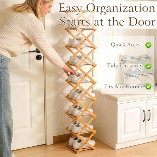 Foldable Shoe Rack, Tier No-Assembly Bamboo Rack, 2026 New Portable Bamboo Corner Shoe Rack, Multifunctional Narrow Shoe Shelf for Entryway, Closet, Corner, Bedroom (2 Layers)