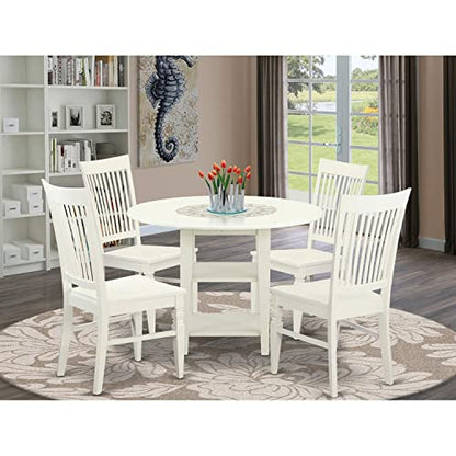 East West Furniture SUWE5-LWH-W 5 Piece Dining Set Includes a Round Dining Room Table with Dropleaf & Shelves and 4 Kitchen Chairs, 42x42 Inch, Linen White - style: SUWE5-LWH-W