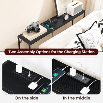 MAHANCRIS 43.7”Console Table with Outlet, Narrow Sofa Table with Charging Station, Entryway Table with Display Shelf, Behind Couch Table, Long Sofa Side Table, Living Room, Hallway, Black CTHB112E01 - color: Black