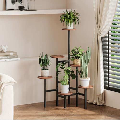 6 Tier Corner Plant Stand Indoor Outdoor, Tall Large Plant Shelf for Multiple Plants, Tiered Flower Pot Holder, Metal Display Plant Shelves for Living Room, Balcony, Patio, Garden(Walnut Brown)GPS514DB - color: Walnut Brown