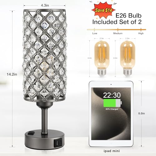 Hong-in Gray Crystal Lamp Touch Control Set of 2, Crystal Table Lamps with USB C+A Ports & AC Outlet, 3-Way Dimmable Nightstand Touch Lamp, Modern Bedside Table Lamp for Bedroom(Bulbs Included) - color: Gray