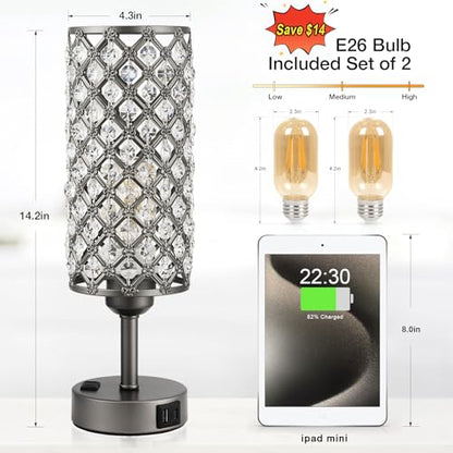 Hong-in Gray Crystal Lamp Touch Control Set of 2, Crystal Table Lamps with USB C+A Ports & AC Outlet, 3-Way Dimmable Nightstand Touch Lamp, Modern Bedside Table Lamp for Bedroom(Bulbs Included) - color: Gray
