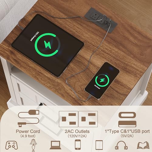 ChooChoo Farmhouse Night Stands with Charging Station, Wood Nightstand with 2 Drawers, Bedside Table with Open Storage Shelf for Bedroom, White