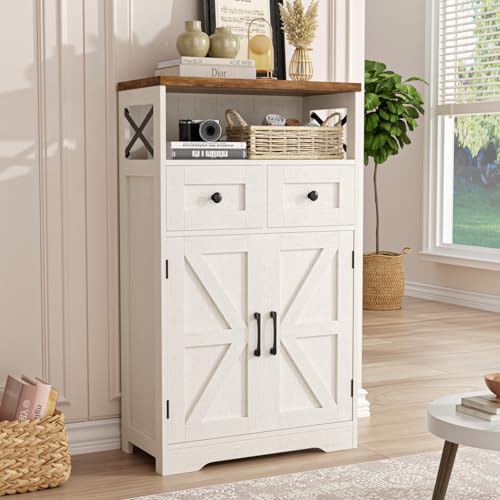 FiveWillowise Farmhouse Storage Cabinet with Barn Doors and Shelves, Farmhouse Kitchen Pantry, Small Tall Coffee Bar Cabinet with Storage, Hutch Cupboard for Bathroom, Laundry, Living Room,White - color: White