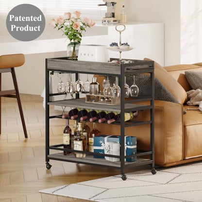 Bar Cart, Home Bar Serving Cart on Wheels, Mobile 3 Tier Liquor Beverage Carts with Wine Rack and Glass Holder (Grey Oak) - color: Grey Oak, size: 14.17"D x 37.01"W x 35.23"H