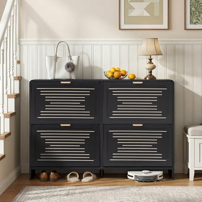 47.2'' Shoe Storage Cabinet for Entryway, Narrow Shoe Rack Organizer with 4 Flip Drawers, Freestanding Wood Hidden Shoe Cabinet with Adjustable Shelf for Hallway, Living Room (Black, 47.24'')