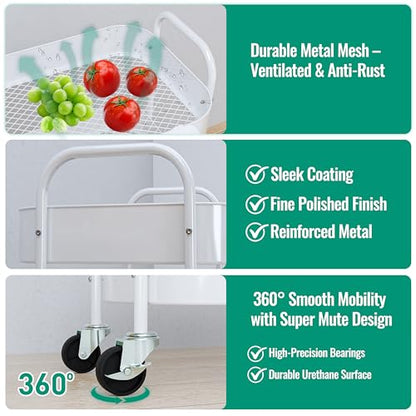 4-Tier Metal Rolling Cart with Wheels, Storage Utility Organizer Cart for Kitchen, Bathroom, Office, Baby Essentials & Makeup - Lockable Casters, Easy Assembly, Large Capacity, White