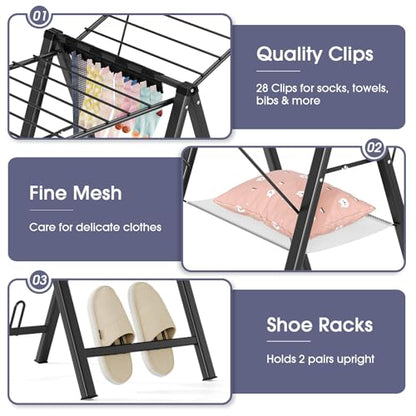 Clothes Drying Rack, 67.7" L Height Adjustable, Foldable, Black | 1.5"Folded, No Assembly, Space-Saving, Spacious Design, Adjustable Wings, Clips, Mesh Shelf, Shoe Rack, Indoor & Outdoor Use - color: Black