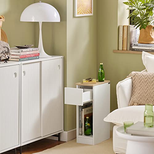 SoBuy Nightstand Narrow Night Stand Modern Design Bedside Furniture Slim End Table Storage Cabinet with Sliding Drawer and Open Compartment, White & Natural FBT111-WN | Slim Dorm Bedsid Table with Open Compartment, White & Natural FBT111-WN