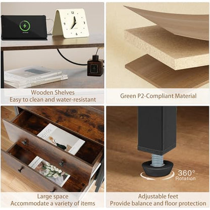 Edbuosy 27 inch Wide Night Stand with Charging Station, Bedside Table with Open Shelf, 2 Drawers Small Wood Dresser, Modern Wood Nightstand for Bedroom/Living Room, Retro Brown - color: Retro Brown, size: 27"W-2 Drawers