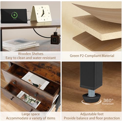Edbuosy 27 inch Wide Night Stand with Charging Station, Bedside Table with Open Shelf, 2 Drawers Small Wood Dresser, Modern Wood Nightstand for Bedroom/Living Room, Retro Brown - color: Retro Brown, size: 27"W-2 Drawers